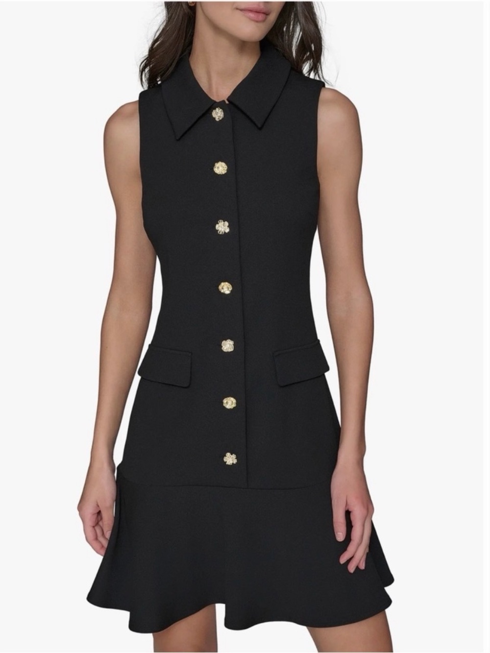 Karl Lagerfeld Sleeveless Black Button-Front Dress with Decorative Buttons